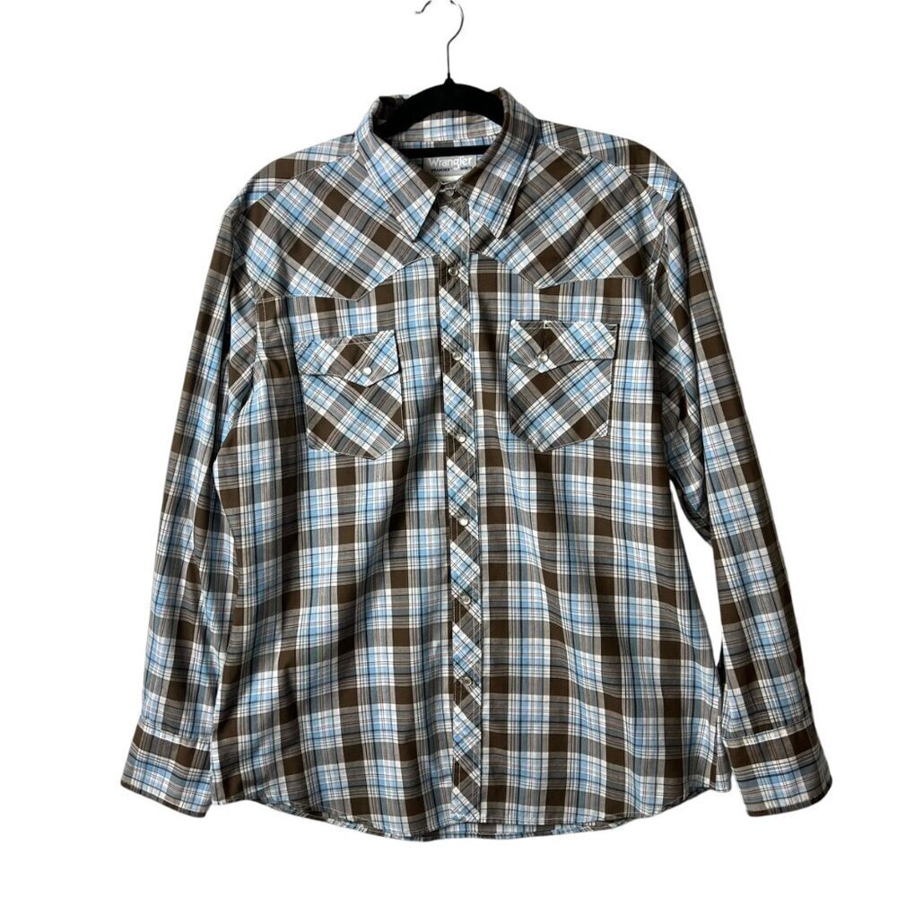 Wrangler rancher shirt button down collared plaid pearl snap button men's size l